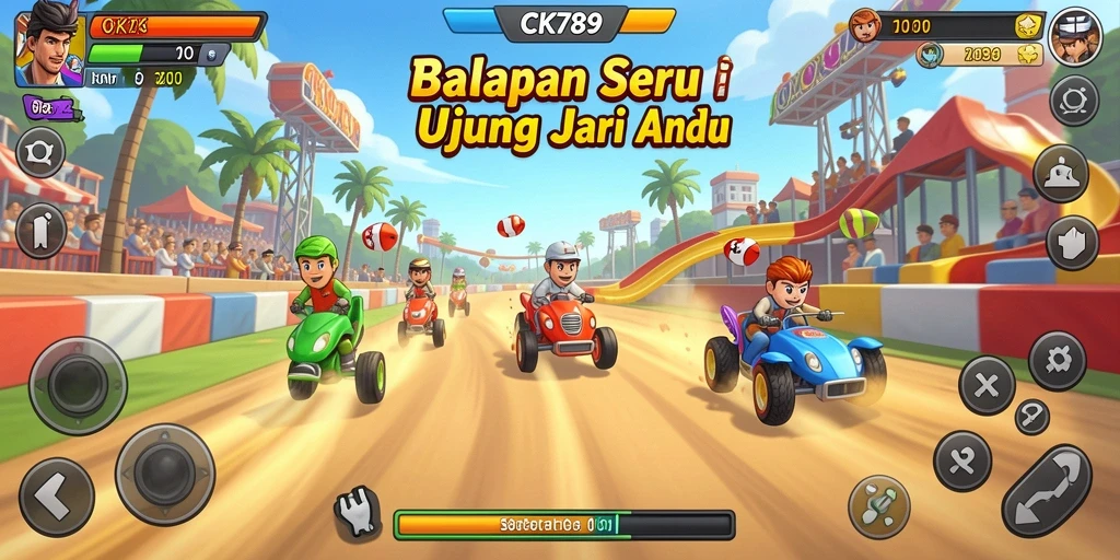 Tampilan aksi balapan seru di CK789 dengan kendaraan yang melaju kencang.