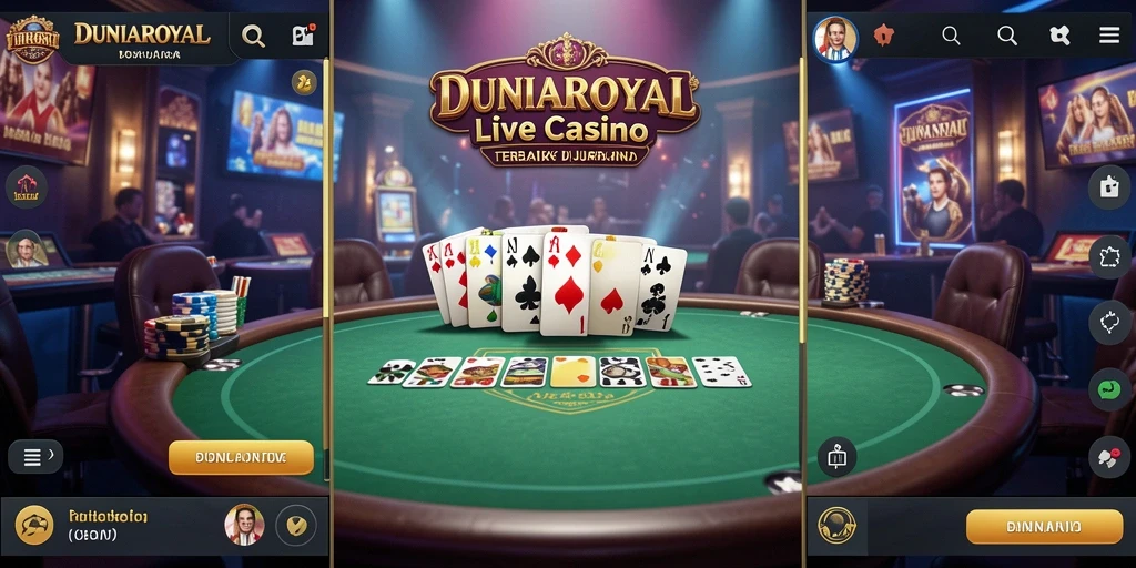 Screenshot gameplay DUNIAROYAL menampilkan dealer profesional dan meja permainan Live Casino.
